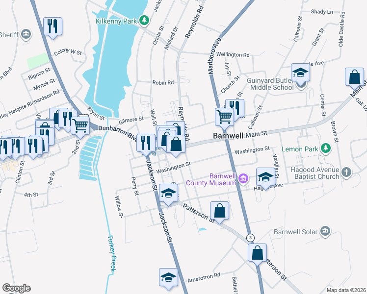 map of restaurants, bars, coffee shops, grocery stores, and more near 279 Main Street in Barnwell
