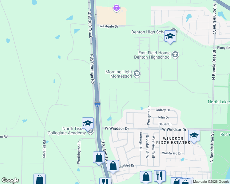 map of restaurants, bars, coffee shops, grocery stores, and more near 3200 West Windsor Drive in Denton