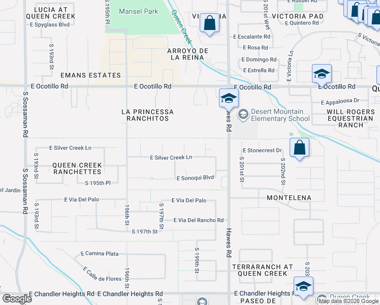 map of restaurants, bars, coffee shops, grocery stores, and more near 22477 South 198th Circle in Queen Creek