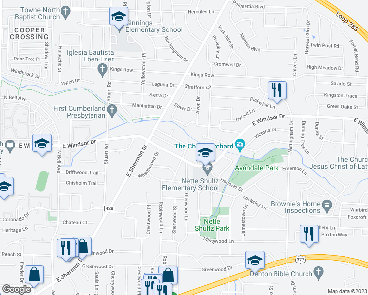 map of restaurants, bars, coffee shops, grocery stores, and more near 1210 Edinburg Lane in Denton