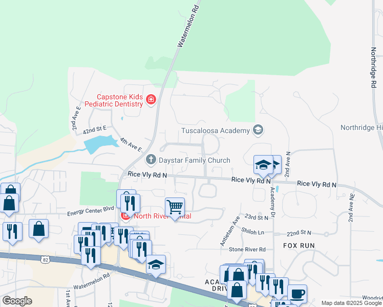 map of restaurants, bars, coffee shops, grocery stores, and more near 800 Rice Valley Road North in Tuscaloosa
