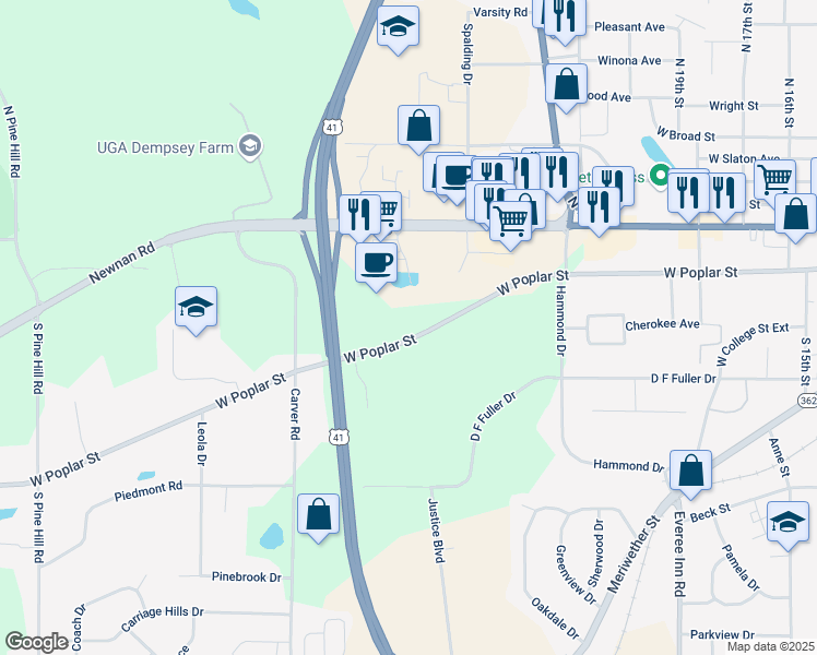map of restaurants, bars, coffee shops, grocery stores, and more near 1511 West Poplar Street in Griffin