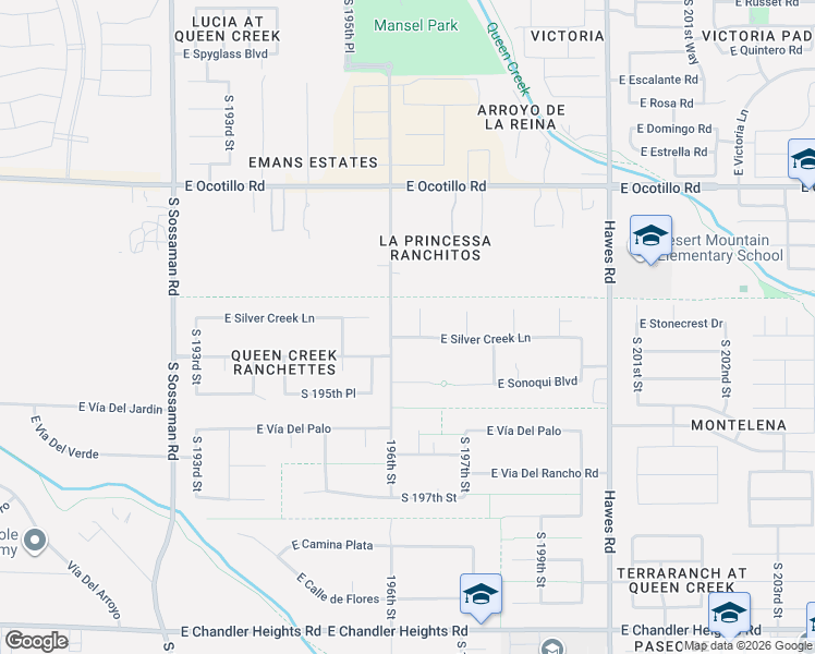 map of restaurants, bars, coffee shops, grocery stores, and more near 22440 South 196th Circle in Queen Creek