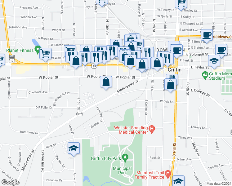 map of restaurants, bars, coffee shops, grocery stores, and more near 332 South 12th Street in Griffin
