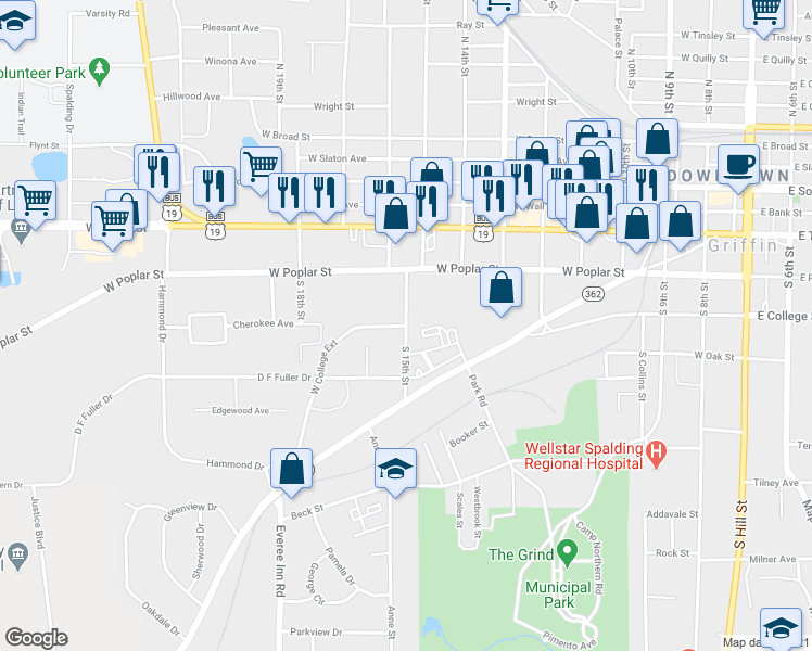 map of restaurants, bars, coffee shops, grocery stores, and more near 420 South 15th Street in Griffin