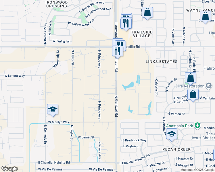 map of restaurants, bars, coffee shops, grocery stores, and more near 40216 North Gantzel Road in Queen Creek