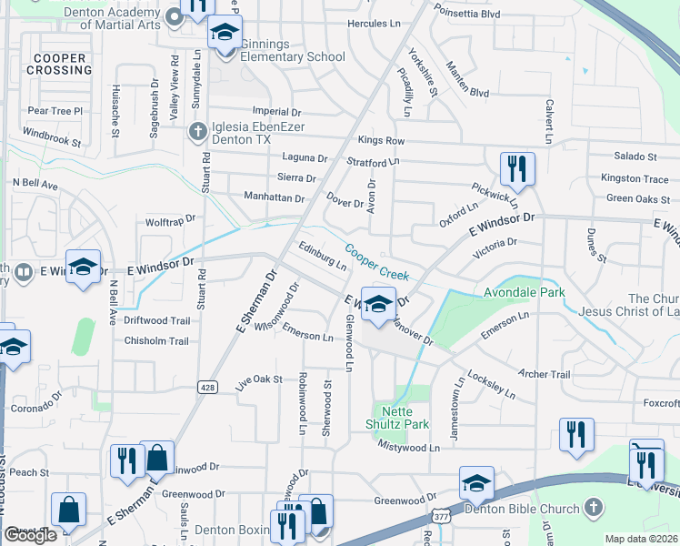 map of restaurants, bars, coffee shops, grocery stores, and more near 1203 Edinburg Lane in Denton