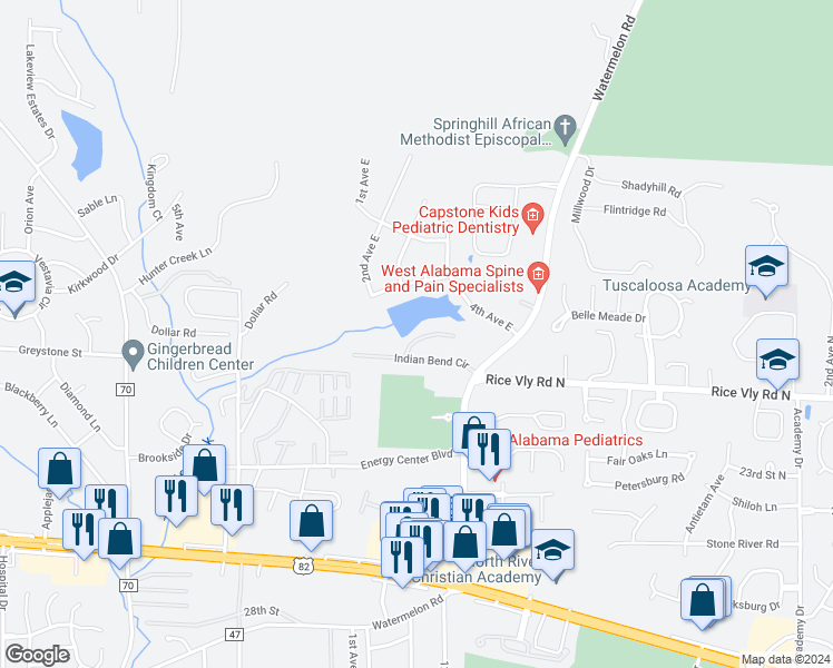 map of restaurants, bars, coffee shops, grocery stores, and more near 23 Indian Bend Circle in Tuscaloosa