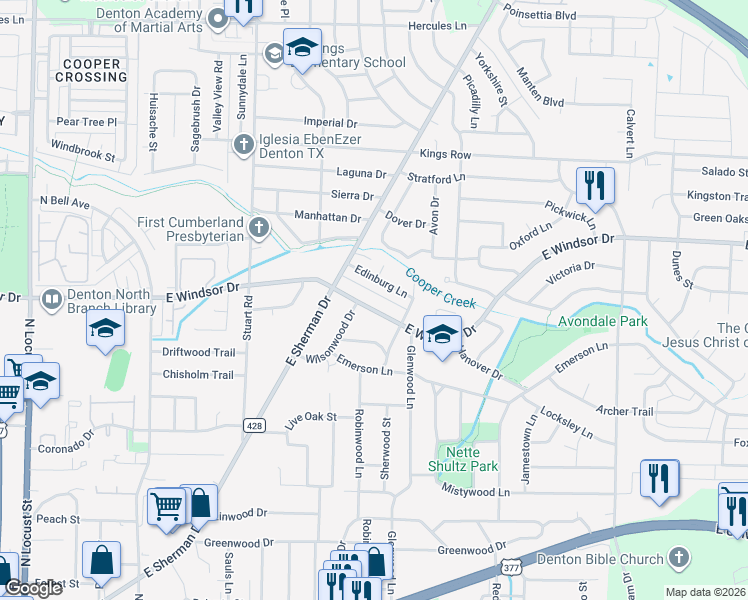 map of restaurants, bars, coffee shops, grocery stores, and more near 1019 East Windsor Drive in Denton
