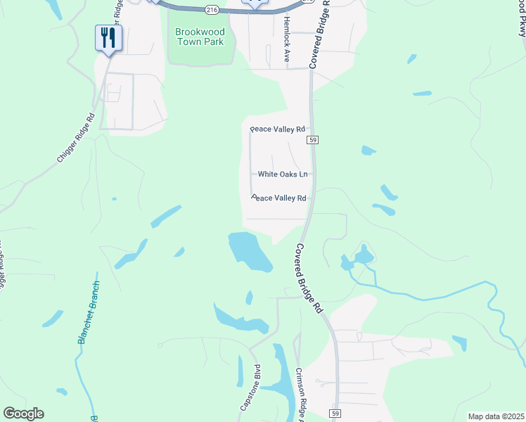 map of restaurants, bars, coffee shops, grocery stores, and more near 15612 Peace Valley Road in Brookwood