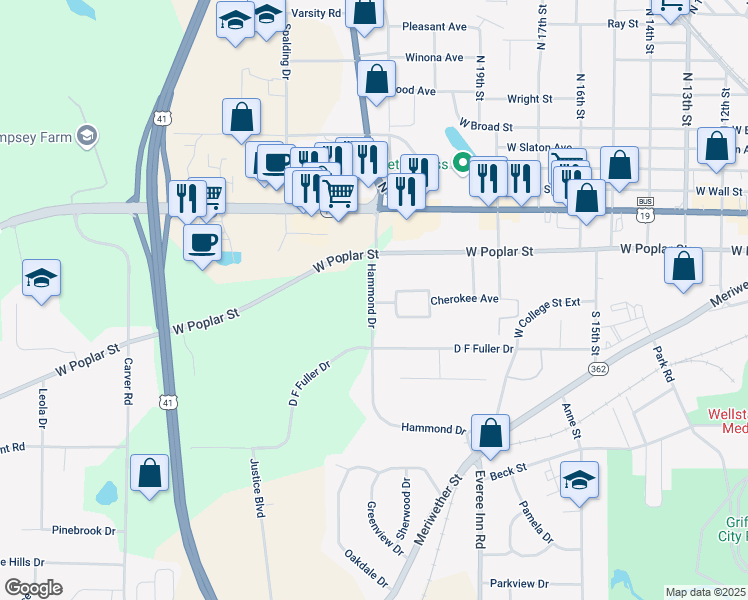 map of restaurants, bars, coffee shops, grocery stores, and more near 316 Hammond Drive in Griffin