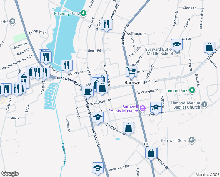 map of restaurants, bars, coffee shops, grocery stores, and more near 279-393 Main Street in Barnwell