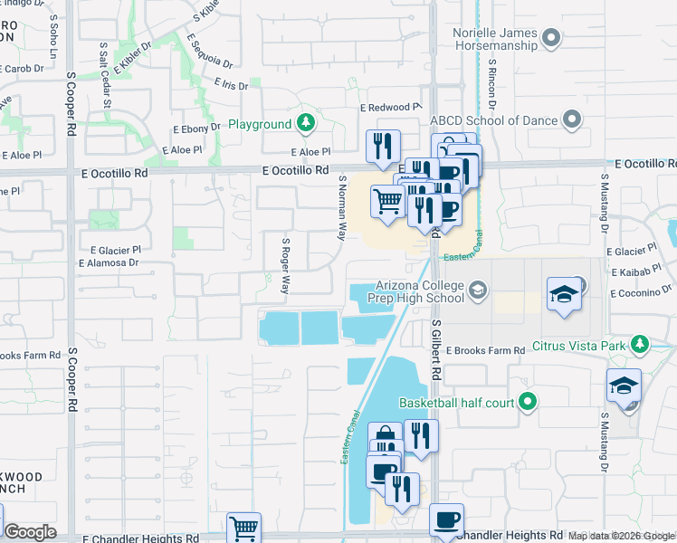 map of restaurants, bars, coffee shops, grocery stores, and more near 4287 South Kimberlee Drive in Chandler