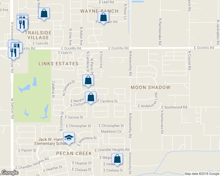map of restaurants, bars, coffee shops, grocery stores, and more near 40193 North Manetti Street in Queen Creek