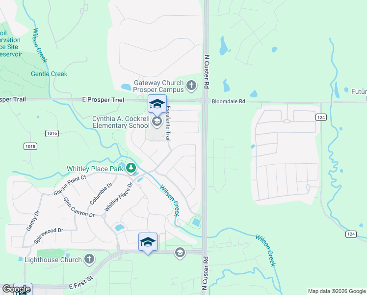map of restaurants, bars, coffee shops, grocery stores, and more near 4261 Whitley Place Drive in Prosper