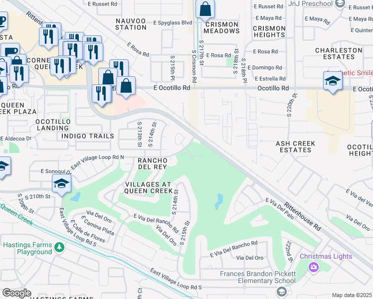 map of restaurants, bars, coffee shops, grocery stores, and more near 21515 East Village Loop Road North in Queen Creek