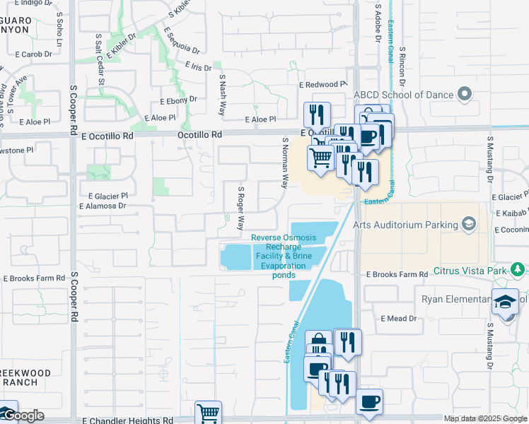 map of restaurants, bars, coffee shops, grocery stores, and more near 4090 East Kaibab Place in Chandler