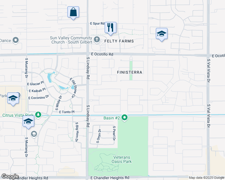 map of restaurants, bars, coffee shops, grocery stores, and more near 4177 East Glacier Place in Chandler
