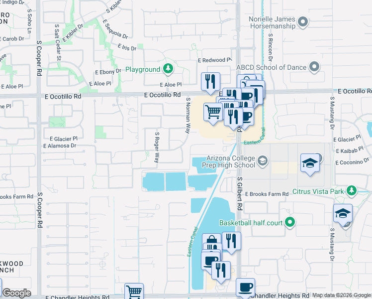 map of restaurants, bars, coffee shops, grocery stores, and more near 4287 South Kimberlee Drive in Chandler