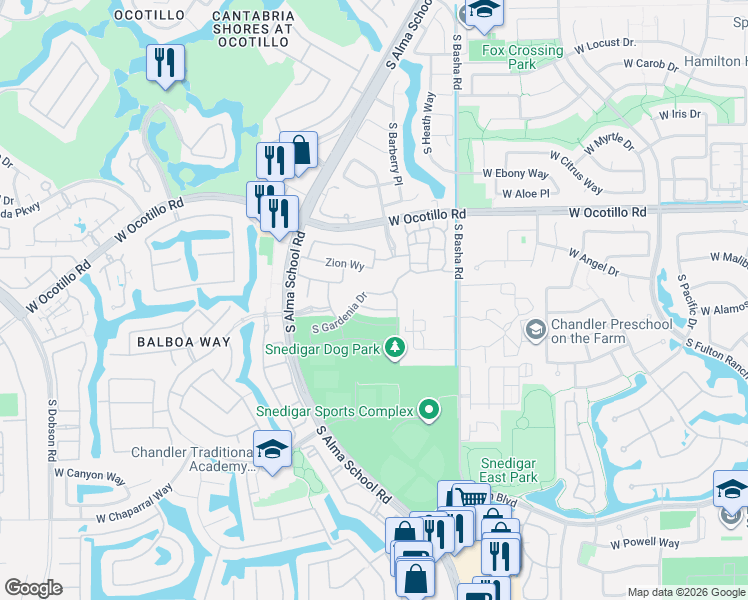 map of restaurants, bars, coffee shops, grocery stores, and more near 936 West Grand Canyon Drive in Chandler