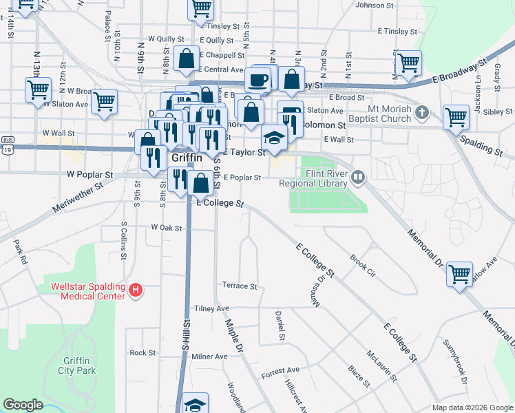 map of restaurants, bars, coffee shops, grocery stores, and more near 323 East College Street in Griffin