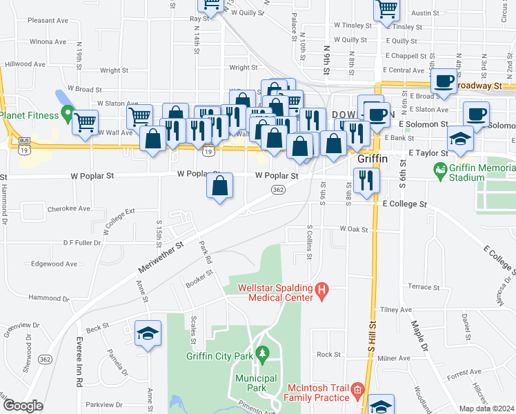 map of restaurants, bars, coffee shops, grocery stores, and more near 1019 West College Street in Griffin