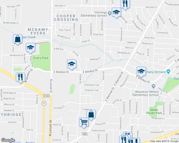 map of restaurants, bars, coffee shops, grocery stores, and more near 523 East Windsor Drive in Denton