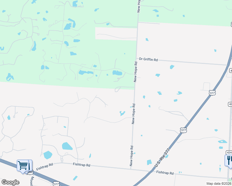 map of restaurants, bars, coffee shops, grocery stores, and more near 3001 New Hope Road in Cross Roads