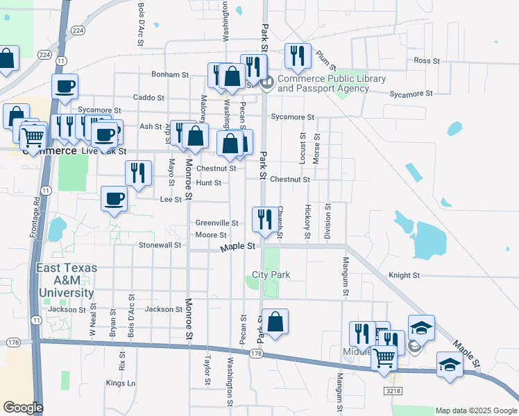 map of restaurants, bars, coffee shops, grocery stores, and more near 1718 Park Street in Commerce