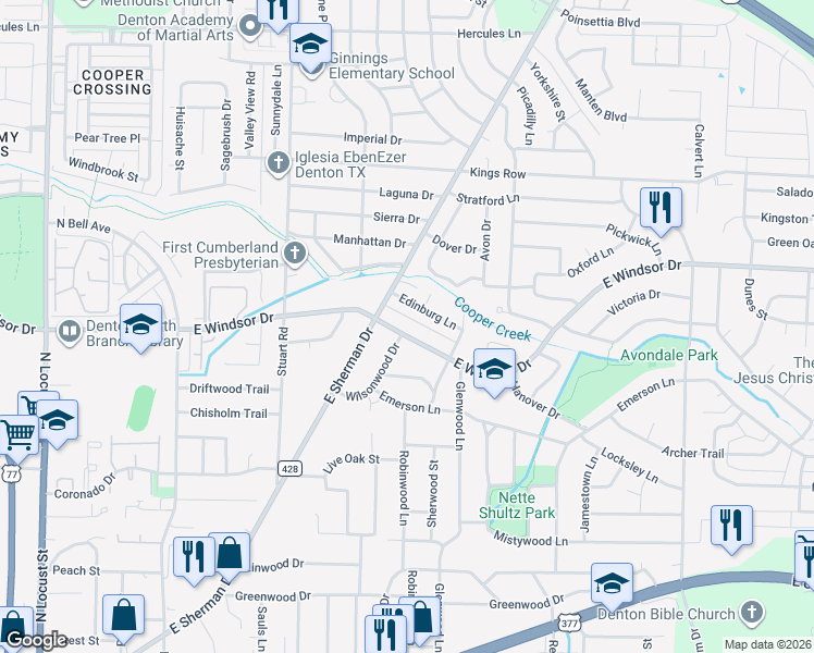 map of restaurants, bars, coffee shops, grocery stores, and more near 1019 East Windsor Drive in Denton