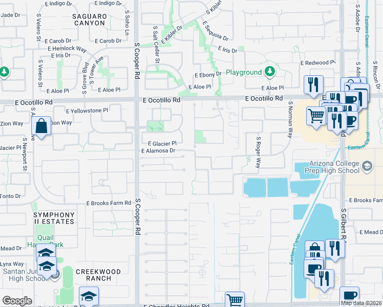 map of restaurants, bars, coffee shops, grocery stores, and more near 4200 South Lafayette Place in Chandler