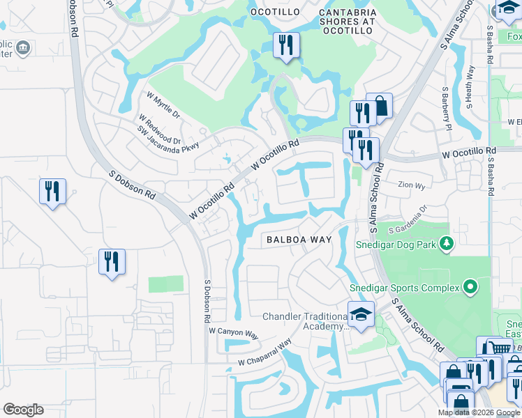 map of restaurants, bars, coffee shops, grocery stores, and more near 1777 West Ocotillo Road in Chandler