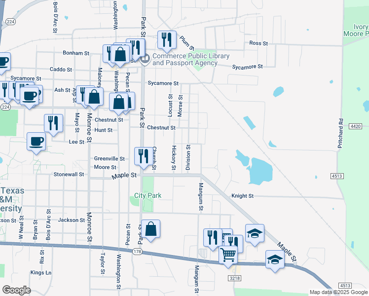 map of restaurants, bars, coffee shops, grocery stores, and more near 1917 Beach Street in Commerce