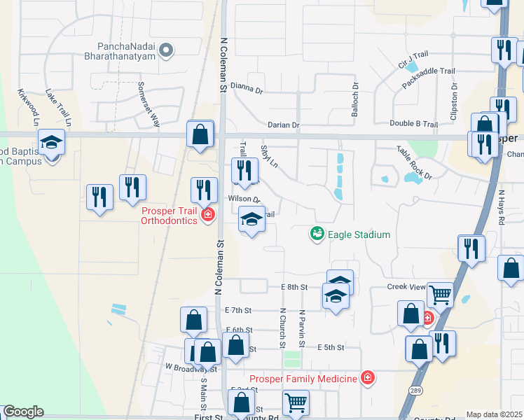 map of restaurants, bars, coffee shops, grocery stores, and more near 280 Wilson Drive in Prosper