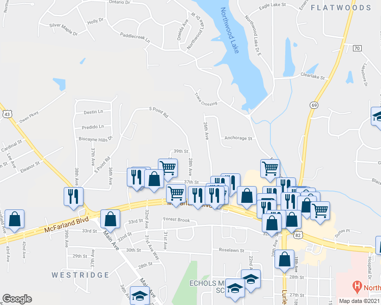 map of restaurants, bars, coffee shops, grocery stores, and more near 3926 28th Avenue in Northport