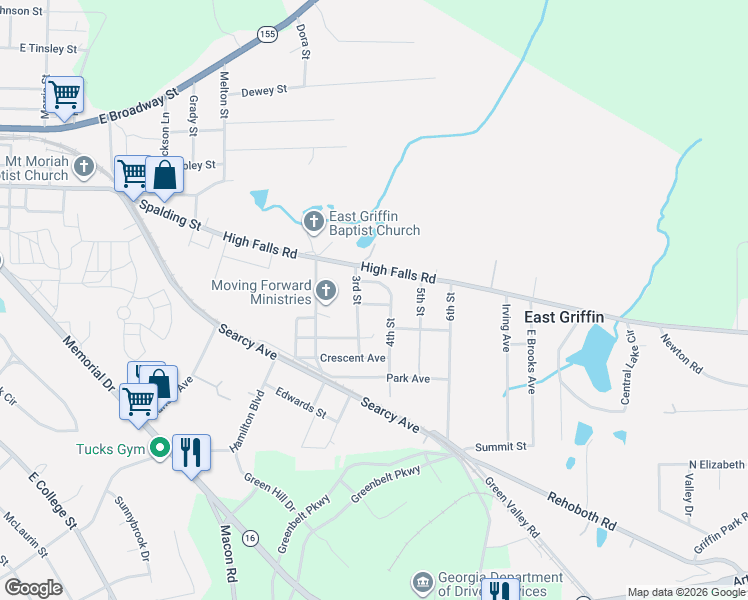 map of restaurants, bars, coffee shops, grocery stores, and more near 84 Hillcrest Avenue in Griffin
