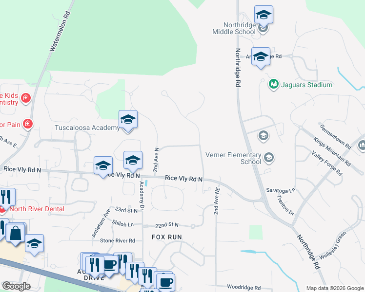map of restaurants, bars, coffee shops, grocery stores, and more near 22 29th Street North in Tuscaloosa