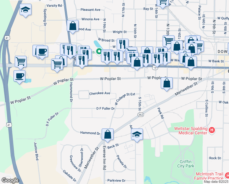 map of restaurants, bars, coffee shops, grocery stores, and more near 1131 Cherokee Avenue in Griffin