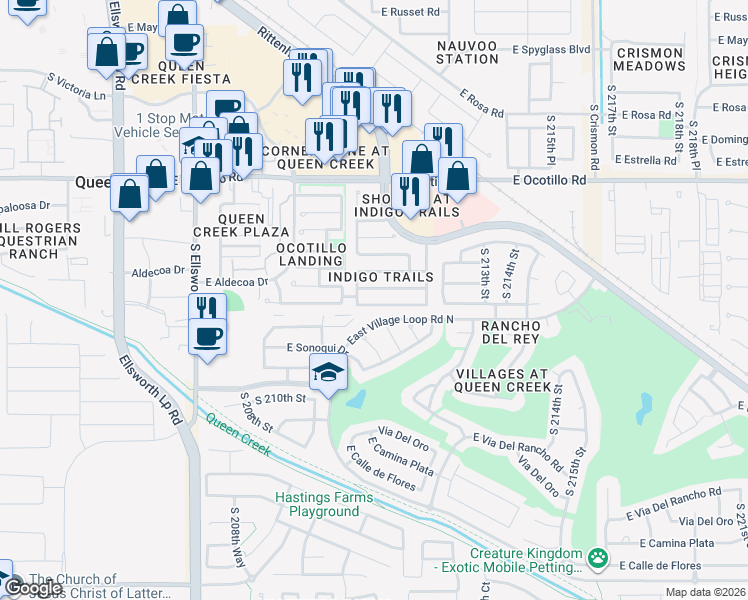 map of restaurants, bars, coffee shops, grocery stores, and more near 21128 East Avenida Del Valle in Queen Creek