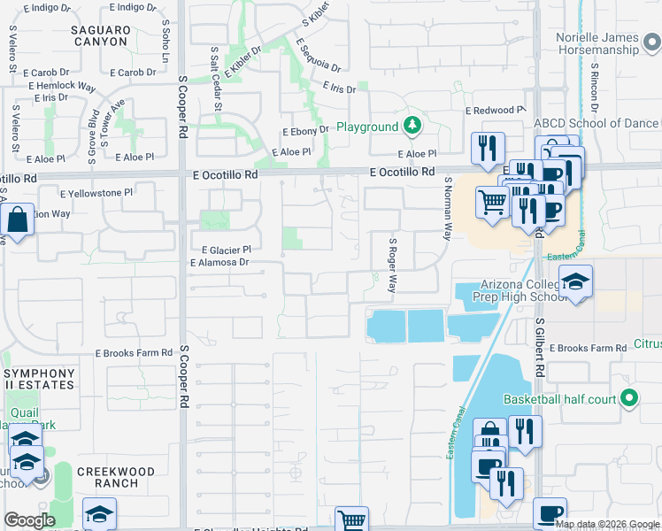 map of restaurants, bars, coffee shops, grocery stores, and more near 2428 East Kaibab Place in Chandler