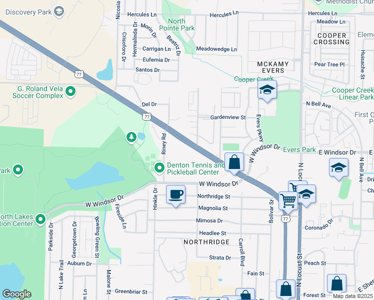 map of restaurants, bars, coffee shops, grocery stores, and more near 3311 North Elm Street in Denton