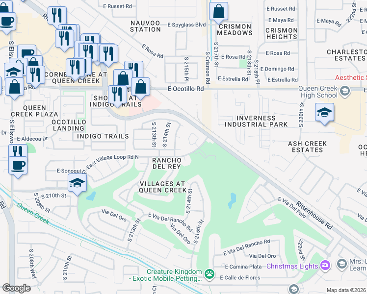 map of restaurants, bars, coffee shops, grocery stores, and more near 21448 East Avenida Del Valle in Queen Creek