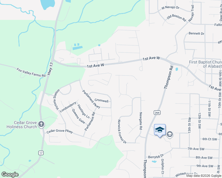 map of restaurants, bars, coffee shops, grocery stores, and more near 506 Cedar Lane in Alabaster
