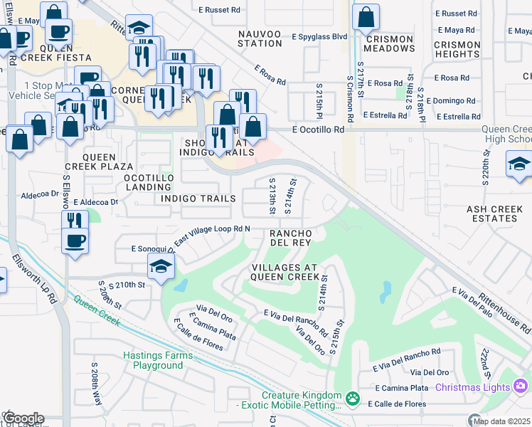 map of restaurants, bars, coffee shops, grocery stores, and more near 21278 East Avenida Del Valle in Queen Creek