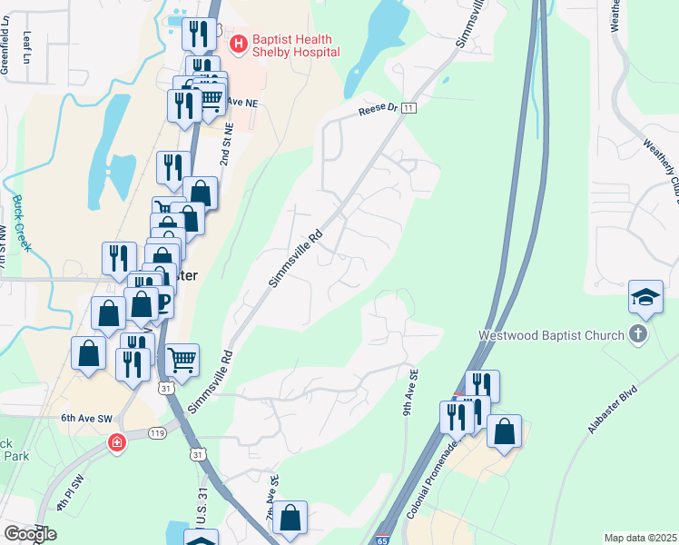 map of restaurants, bars, coffee shops, grocery stores, and more near 160 Cohill Drive in Alabaster