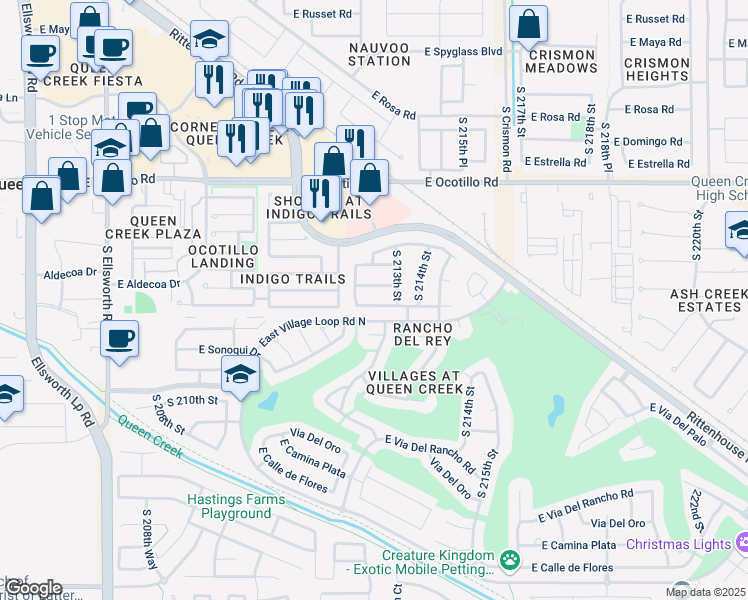 map of restaurants, bars, coffee shops, grocery stores, and more near 21278 East Avenida Del Valle in Queen Creek