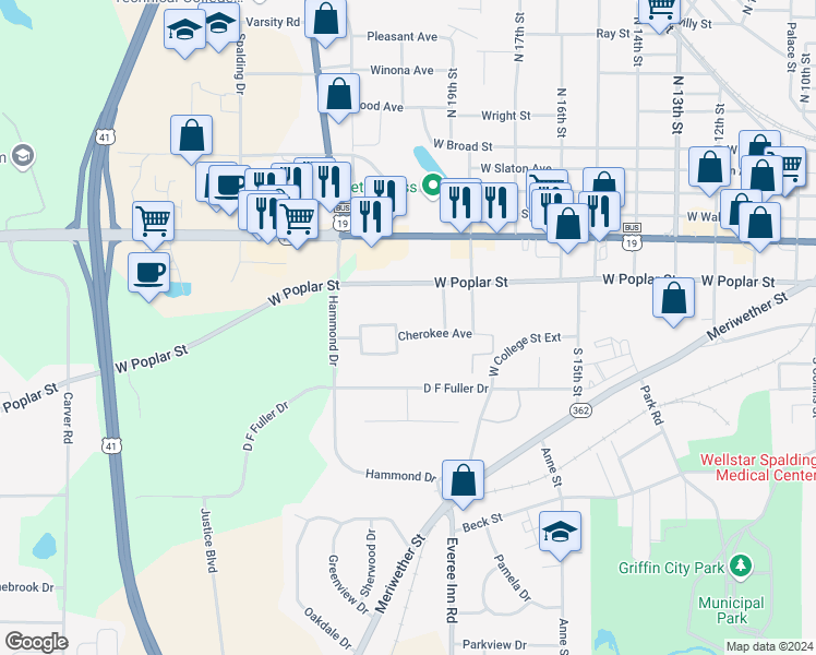 map of restaurants, bars, coffee shops, grocery stores, and more near 1259 Cherokee Avenue in Griffin