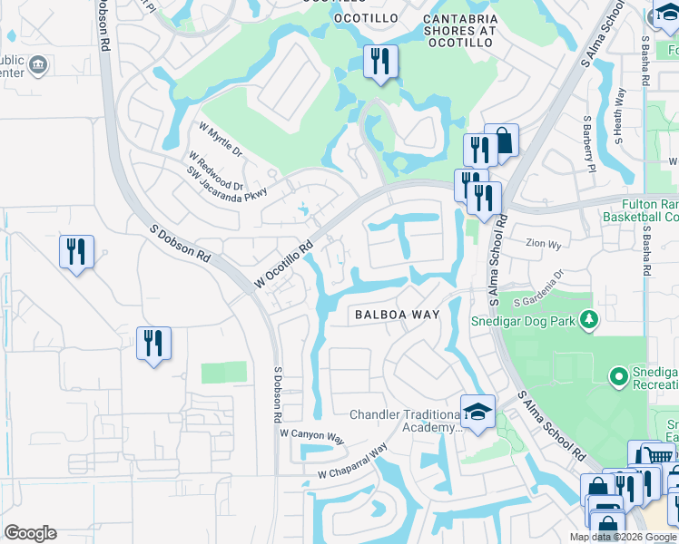 map of restaurants, bars, coffee shops, grocery stores, and more near 1777 West Ocotillo Road in Chandler