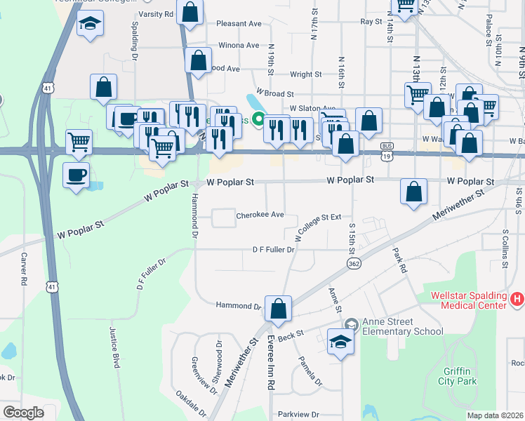 map of restaurants, bars, coffee shops, grocery stores, and more near 1251 Cherokee Avenue in Griffin