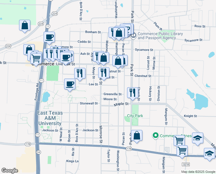 map of restaurants, bars, coffee shops, grocery stores, and more near 1904 Monroe Street in Commerce